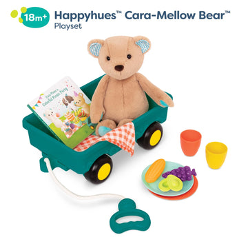 B. Toys- Happyhues - Cara-Mellow Bear Playset- Plush Bear With Picnic Play Set-Board Book - Wagon & Play Food - 18 Months +