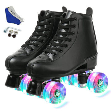 Women 'S Roller Skates Pu Leather High-Top Roller Skates Four-Wheel Roller Skates Shiny Roller Skates For Girls Unisex (Black Fl