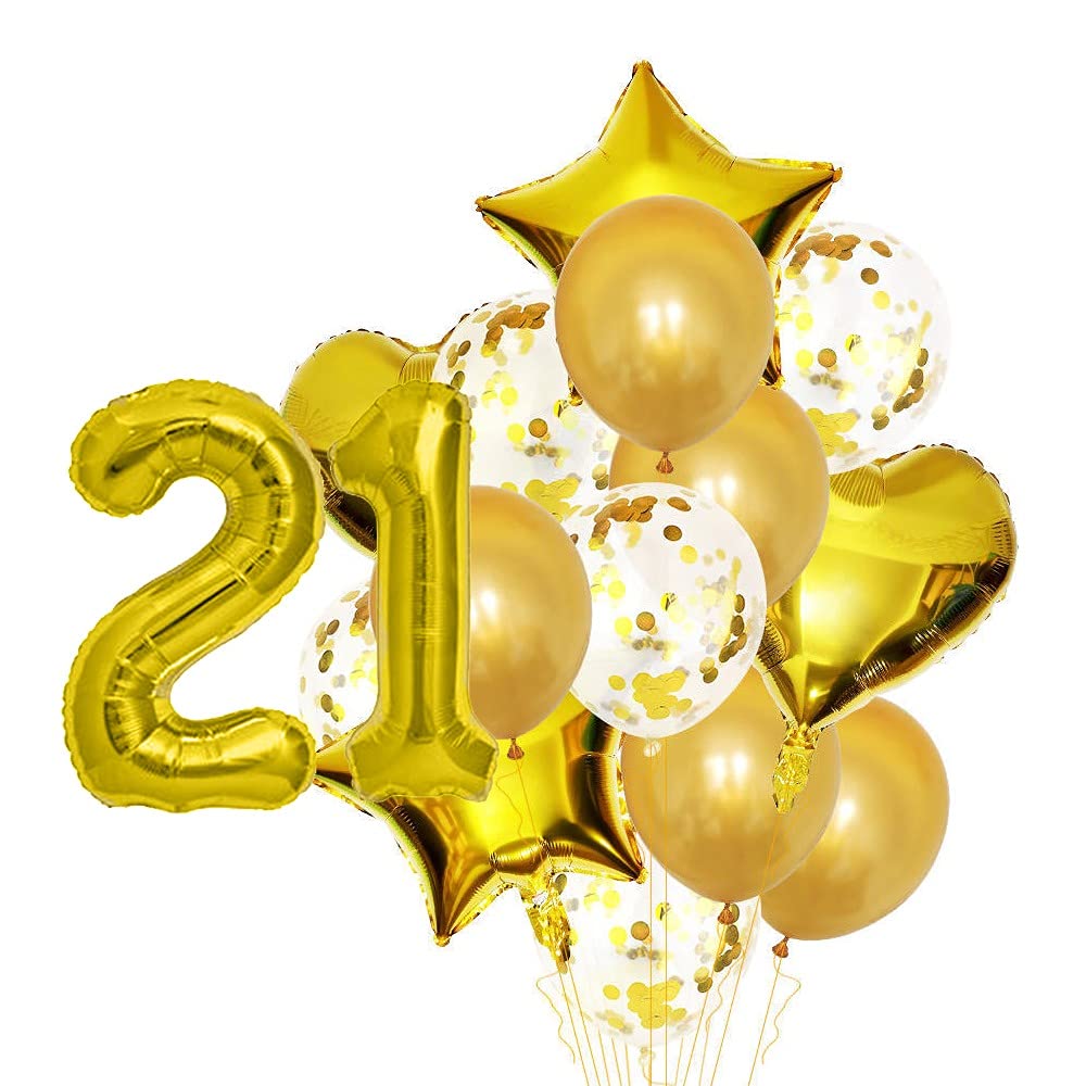 Pop The Party 8th Number balloon With 21 Digit Balloon for Including Gold Latex, star, heart and Confetti Balloons (21 Year 14 p