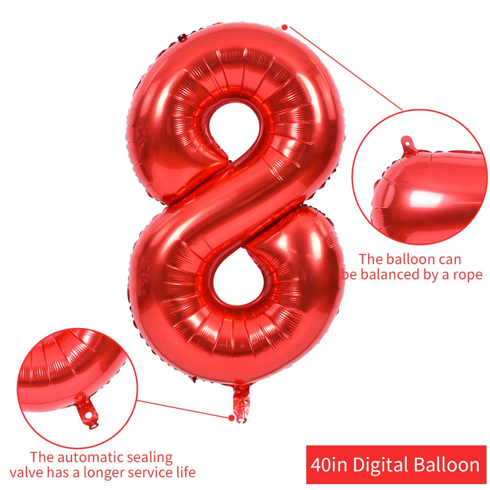 Toniful 40 Inch Red Large Numbers Balloons 0-9, Number 8 Digital 8 Helium Balloons, Foil Mylar Big Number Balloons For Birthday