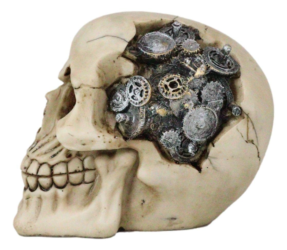 Ebros Steampunk Cyborg Protruding Gearwork Human Skull Statue Sci Fi Clockwork Gear Design Skeleton Cranium Figurine