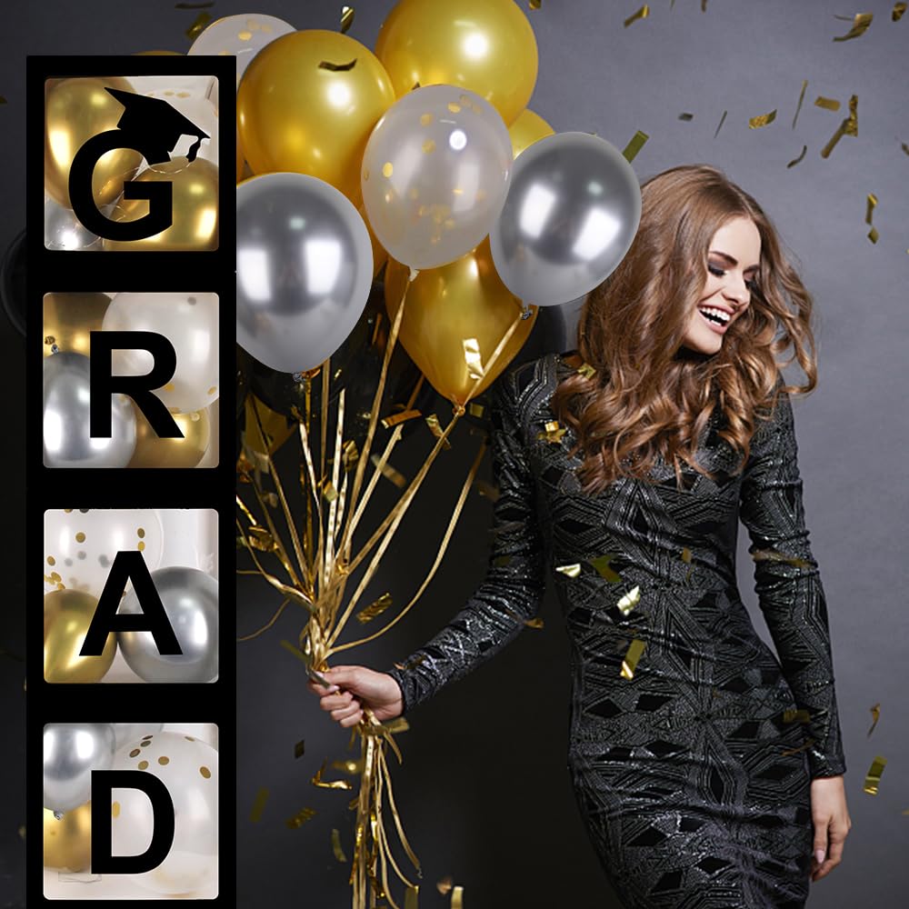Aoke Graduation Party Decorations 2024 Graduation Balloon Boxes, 4Pcs Graduate Balloon Boxes With Gold Balloon Light Strings Bla