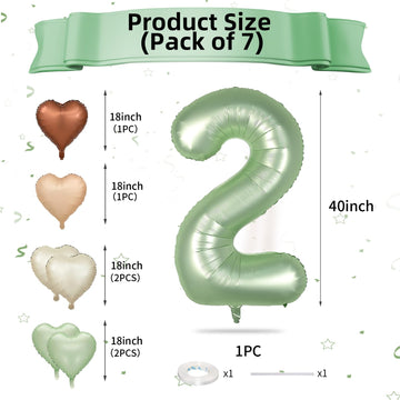 Biapian 40 Inch Sage Green Number 2 Balloons, Large 2Nd Birthday Balloons With 18'' Foil Cream Brown Heart Balloon For 2Nd Year