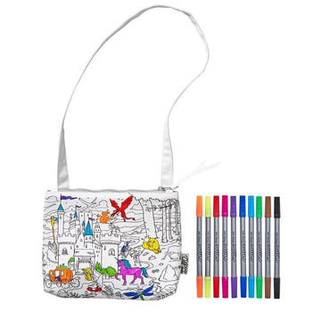 eatsleepdoodle Fairy Tale Coloring Crossbody Bag for Kids w/ 10pk Washable Markers for Kids - 8.5x7in Kids Color-in Crossbody Ba