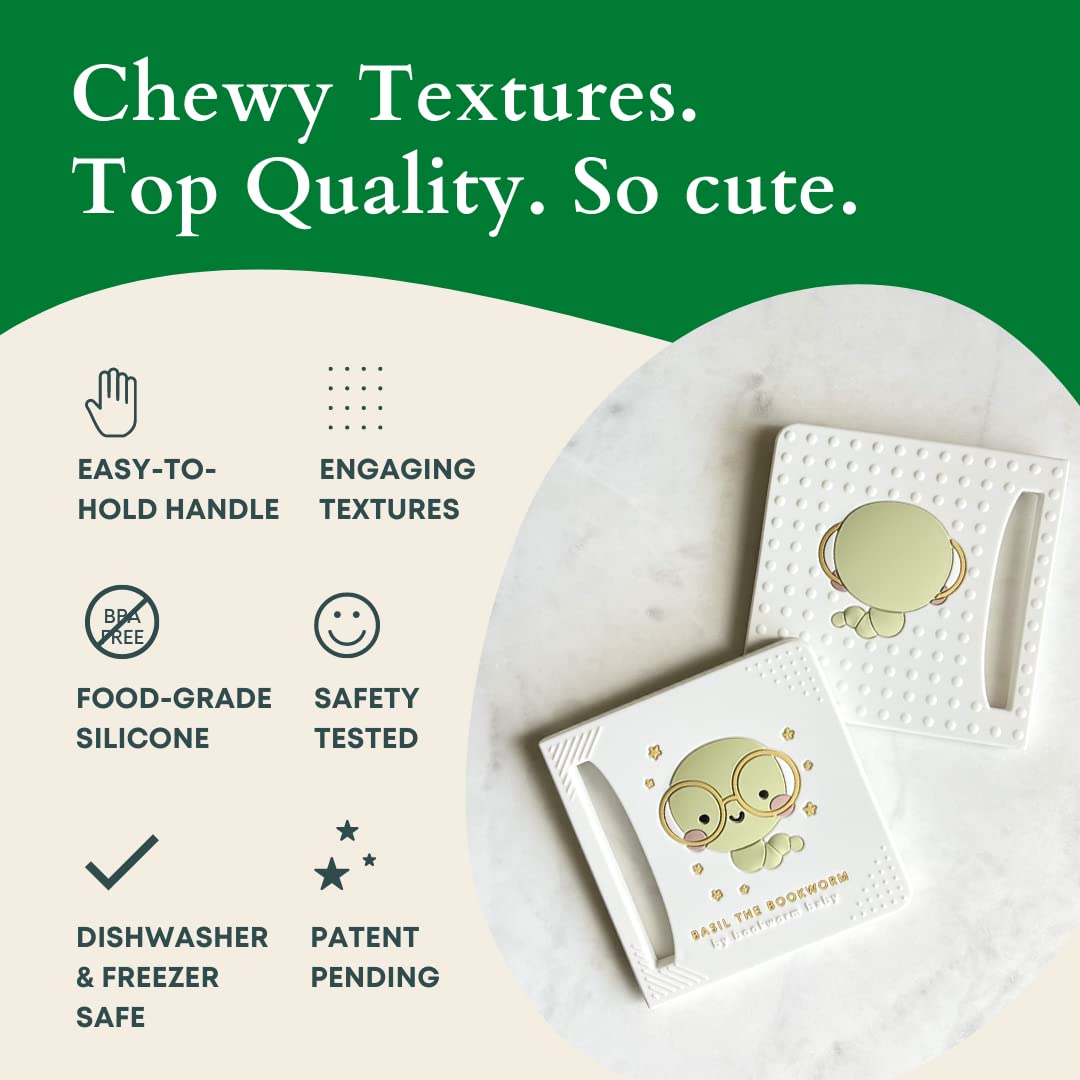 Basil The Bookworm Baby Teether - enhanced BPA Free Silicone Teething Toy | Perfect for Baby Showers | Unique Book-Shaped Design | Freezer & Dishwasher Safe (Age: 3+ Months)