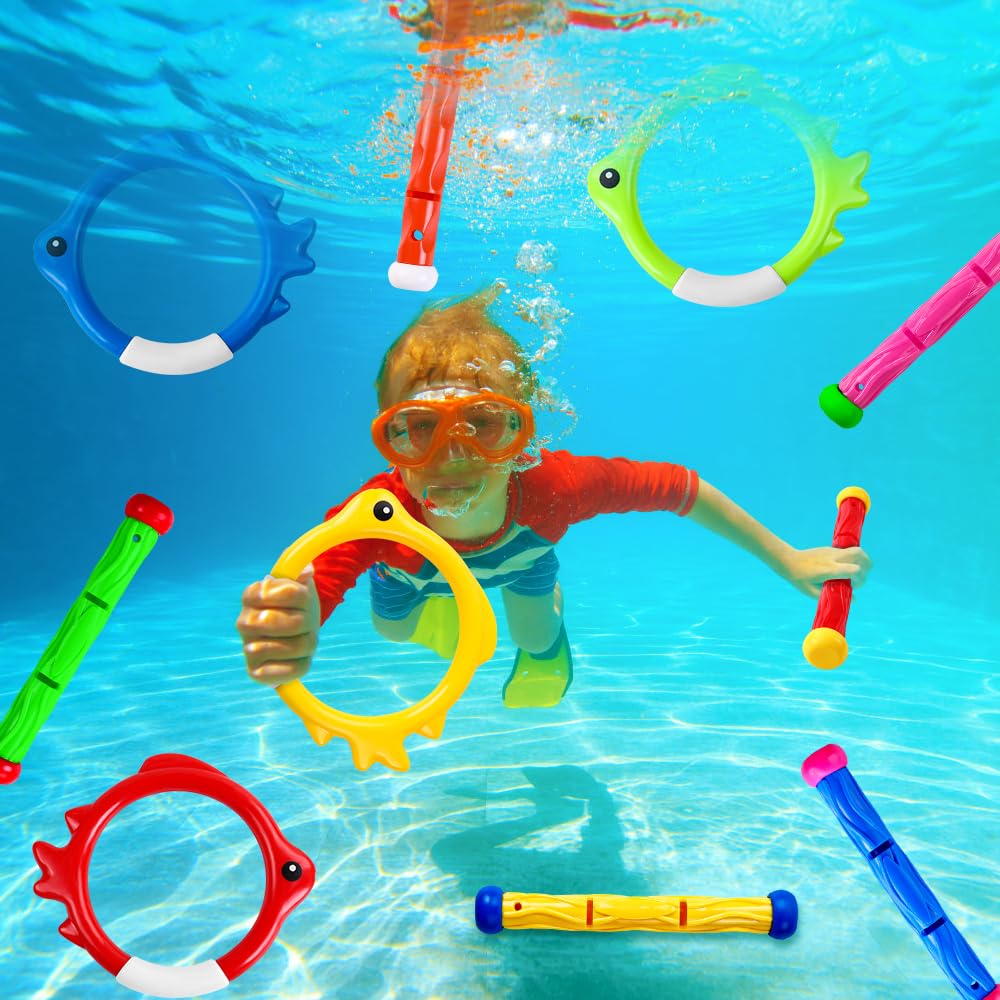 Vellibring 10PCS Pool Diving Swim Toys Colorful Underwater Training Sinking tossing Dive Rings Sticks for Kids Summer Pool Swimming Party Favor Games