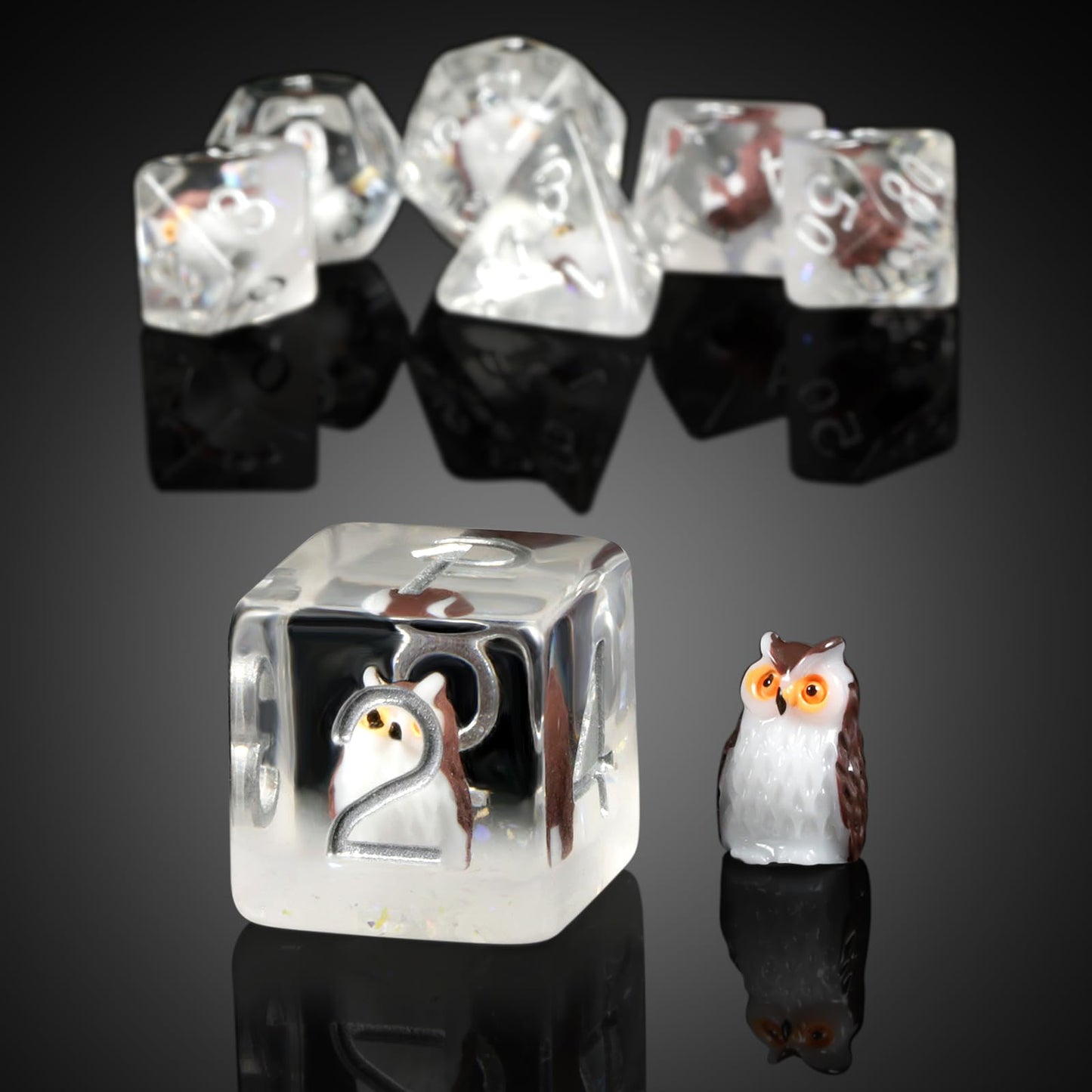 Owl DND Dice, DNDND 7PCS Resin D&D Dice with Velvet Bag for Dungeons and Dragons Role Playing Games and Tabletop Games(Owl