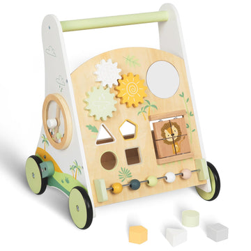 Wooden Baby Push Walker Adjustable Speed Montessori Walker With Activity Center For Boys, Girls And Toddler Toy For Ages 1-3