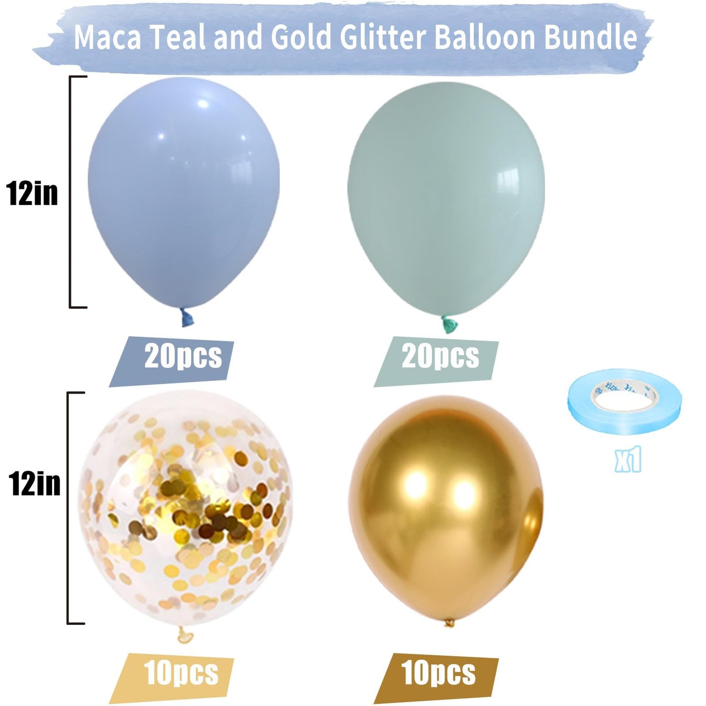Blue And Green Balloons, 60 Pcs Light Blue Mint Green Balloon Set With Gold Confetti Metallic Gold Balloons, 12 Inch Baby Pastel