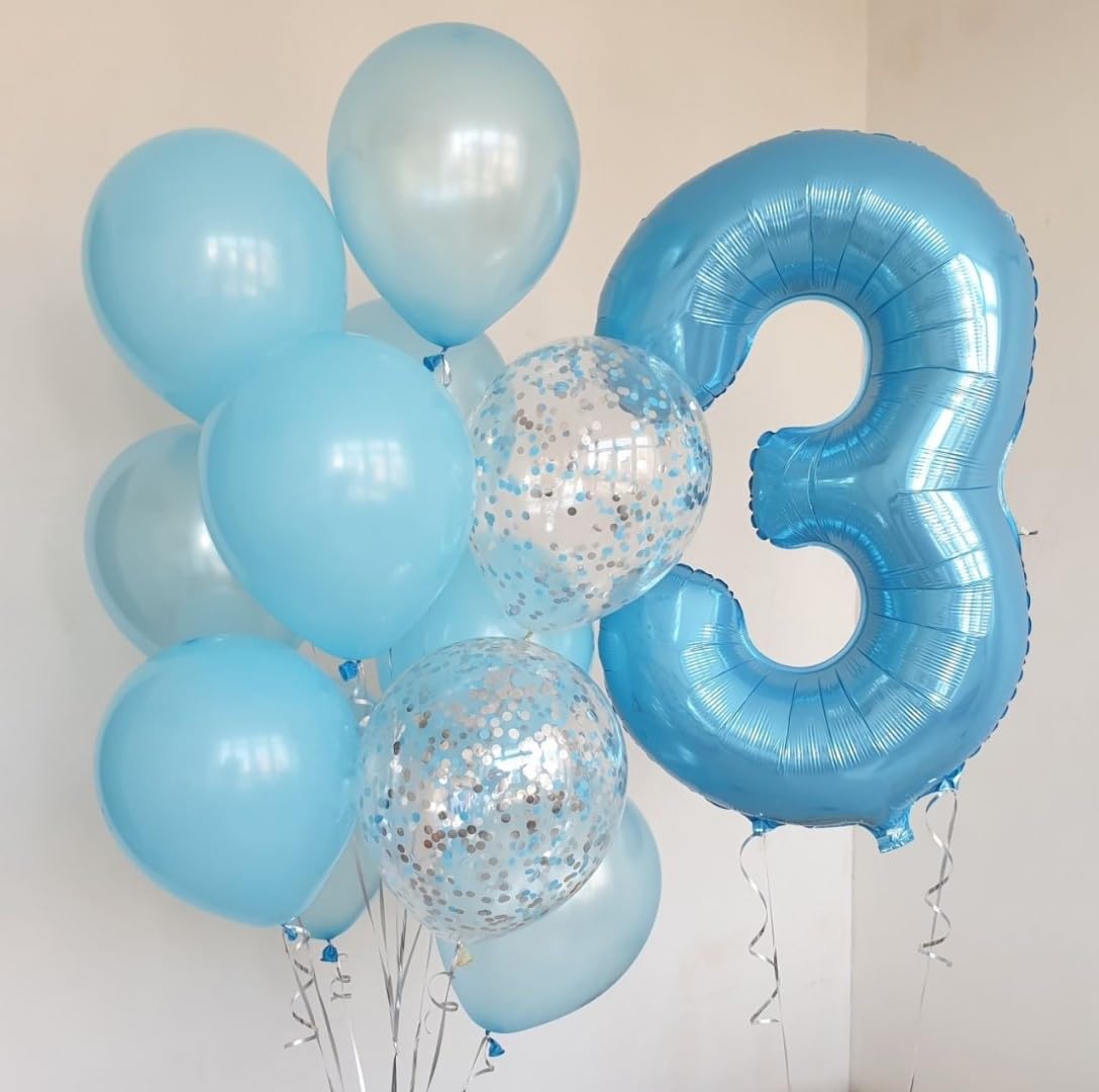 Paticool 40 Inch Blue Number Balloon 3, Large Light Blue Number Foil Mylar Balloons For Birthday Party Celebration Decorations S