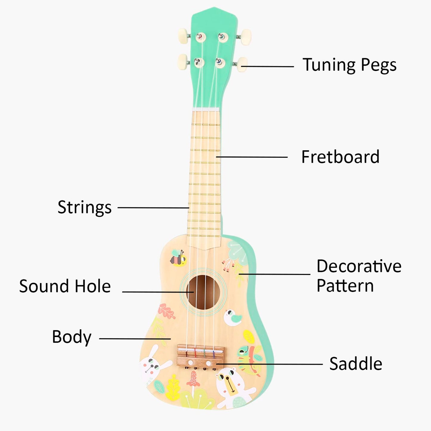 Tookyland 4-String Wooden Ukulele Toy - Mini Guitar Pretend Musical Instrument, Ages 3+