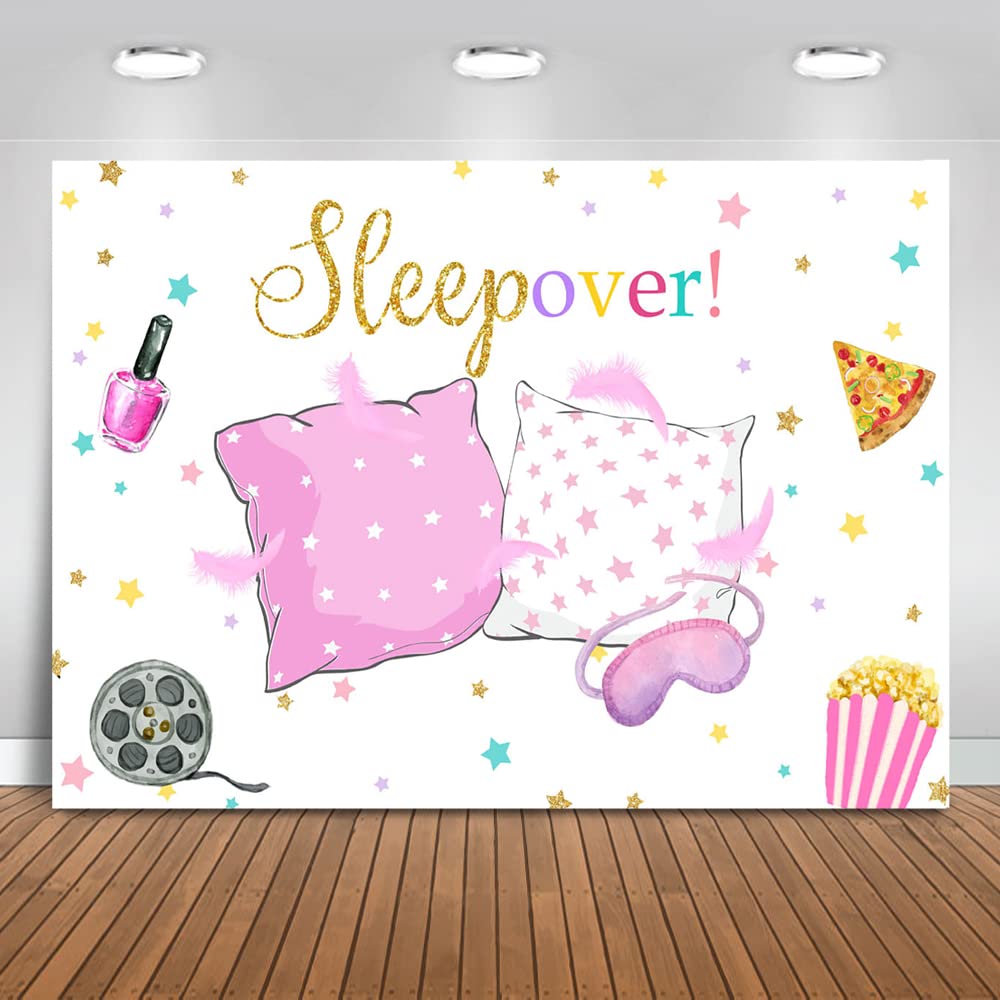 Mocsicka Sleepover Party Backdrop - Pink 5x3ft Polyester Banner for Pajama and Pillow Fight Decorations