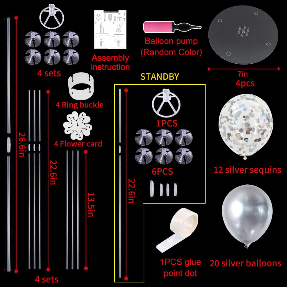 TONIFUL Silver Balloon Stand Centerpiece - 4 Pack, Plastic Decorations for 25th Wedding Anniversary, Birthday, Bridal Shower, Graduation Party
