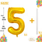 Pigetale Gold Number 5 Balloon For Girls Boys, 40 Inch Large Number 0-9, Big Foil Mylar Helium Digital Balloons For Women Men 15