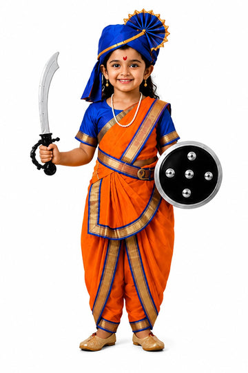 Raj Costume Traditional Indian Saree Costume for Girls with Black Blouse (Rani Laxmi Bai Orange, 28Size_67Year)
