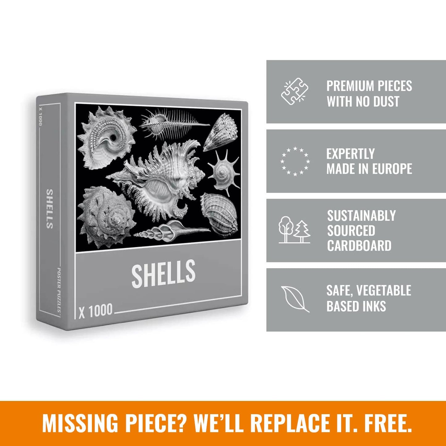 Cloudberries 1000 Piece Shells Puzzle | Hardest Black & White Jigsaw for Adults | Cardboard Material