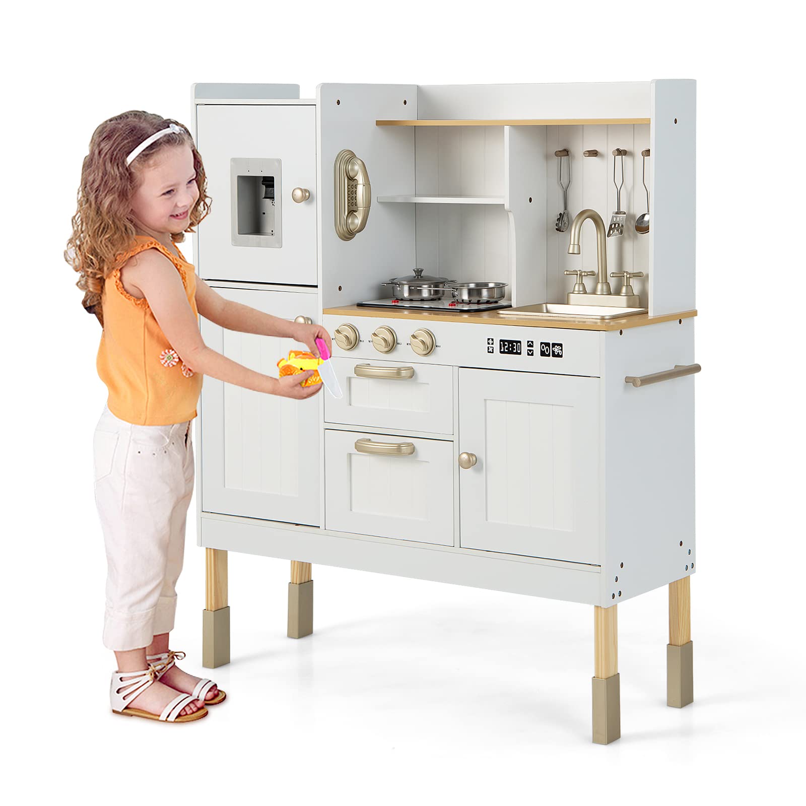 INFANS Kid Kitchen Playset, Toddler Wooden Pretend Cooking Set with Realistic Light & Sound, Stove, Sink, Microwave, Storage Cab