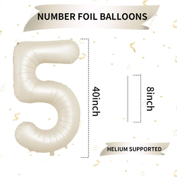 40 Inch Cream Number 5 Balloon, Beige Large 5Th Birthday Balloons, Digital 5 Cream White Giant 5 Foil Balloon Helium For Boys Gi