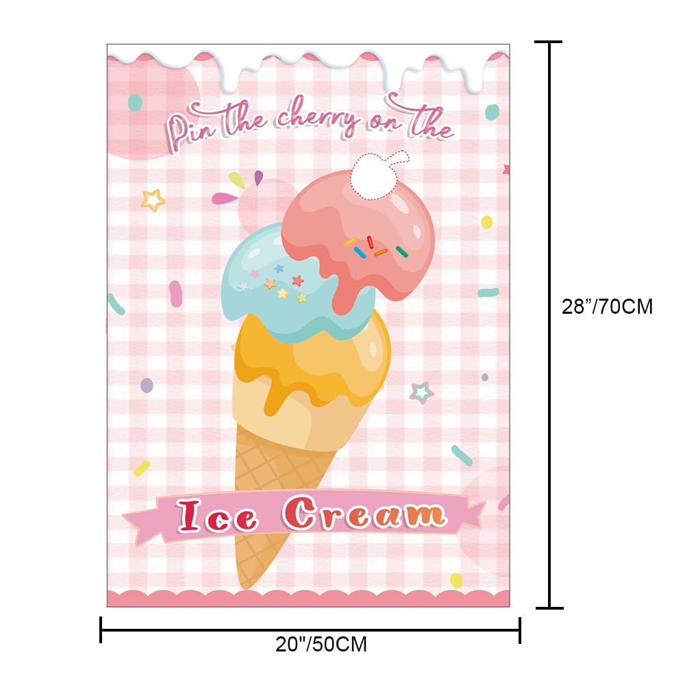 Pin The Cherry On The Ice Cream Game -Ice Cream Party Game With 21'' X 28'' Poster, Reusable Cherry Sticker Carnival Party Suppl