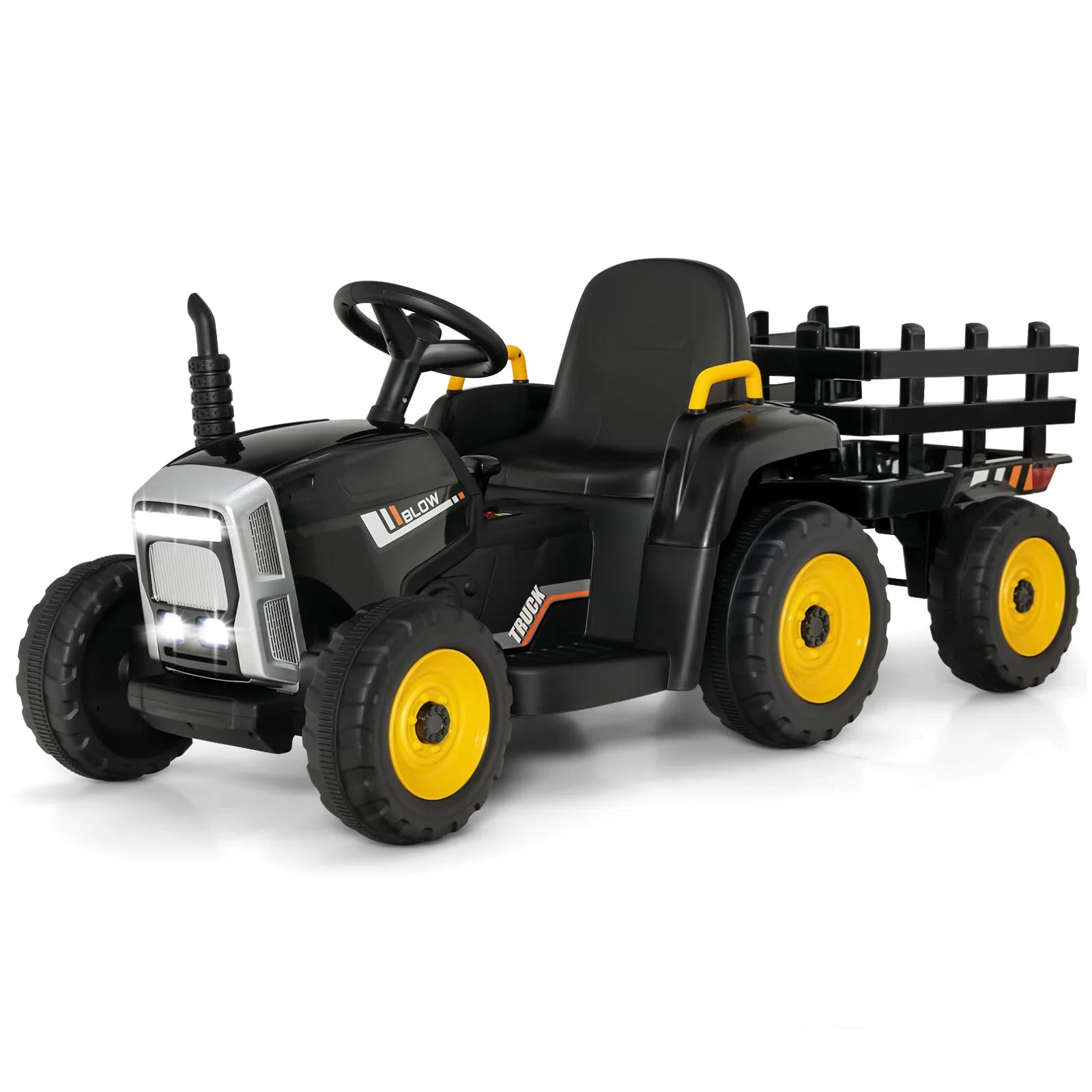 HONEY JOY Ride On Tractor with Trailer, 12V Electric Vehicle for Kids, 3-Gear-Shift Ground Loader, LED Lights, Horn, Music, Batt