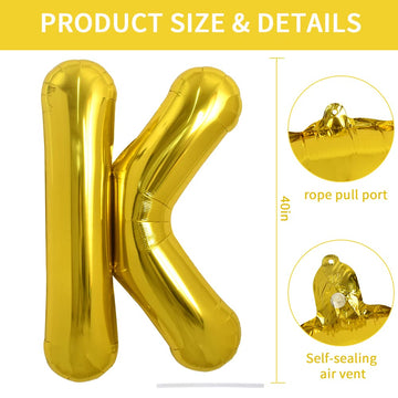 Toniful 40 Inch Large Gold Letter K Balloons Helium Balloons,Foil Mylar Big Balloons For Birthday Party Anniversary Supplies Dec