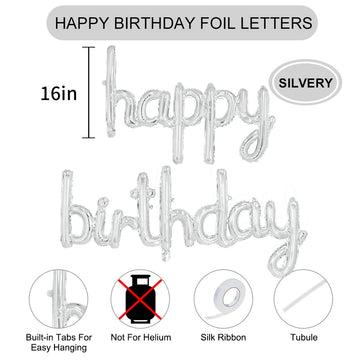 Toniful Silver Happy Birthday Balloons Banner, 16 Inch Mylar Foil Script/Cursive Letters Birthday Sign Banner Balloon Reusable M