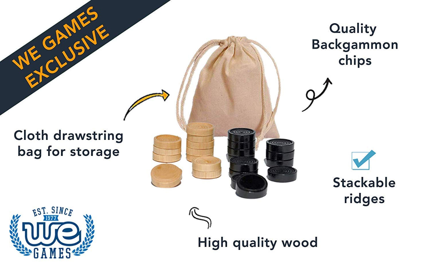 WE Games Checkers Pieces Only  Wooden Checker Board Game Pieces  24 Brown and Natural Stackable Player Pieces with a Drawstring Storage Bag  1.25 Inch Diameter Carved Versatile Game Pieces