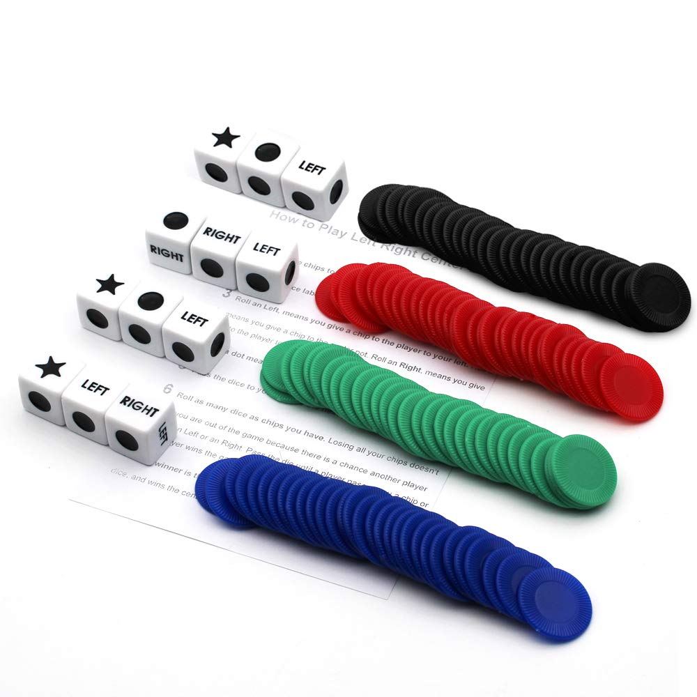 Spidfee Rigth Left Center Dice Game Set With 3 Dices + 36 Chips - 4 Sets Assorted Colors - ( 4 Pack )