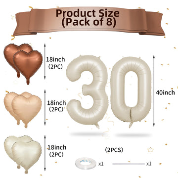 Biapian 40 Inch Cream Number 30 Balloons, 8Pcs Large Foil Number 3 & 0 Balloons With 18'' Cream White Heart Balloon For 30Th Yea