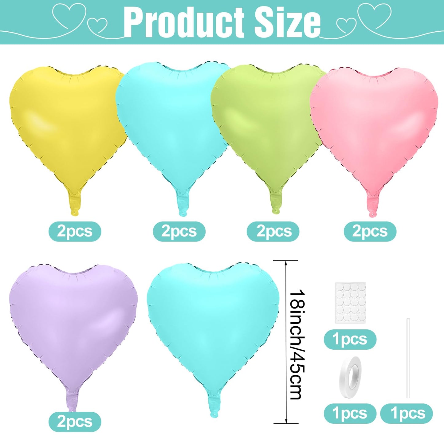 Pastel Colorful Heart Balloons,10Pcs Rainbow Foil Heart Shaped Balloons,18Inch Pink Blue Yellow Green Purple Helium Balloons For