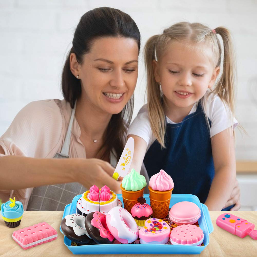 LOVESTOWN Pretend Desserts Food Toy, 15 PCS Play Food Desserts Set for Kids Kitchen, Play Dounts for Toddlers,Toy Food Ice Cream