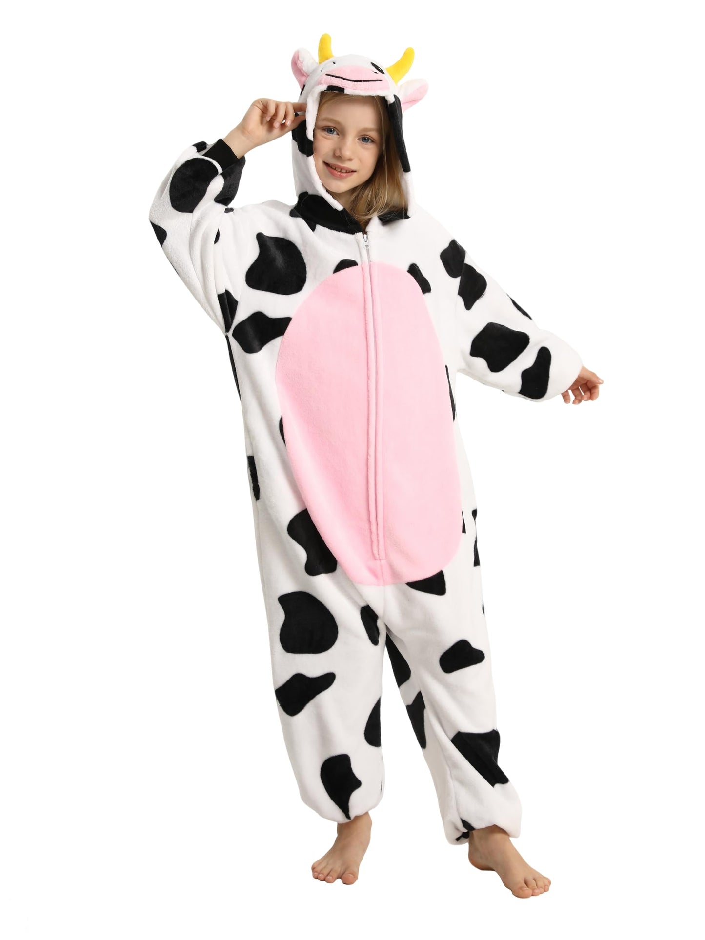 LONULAIN Unisex Kids Animal Oneise Pajamas, Boys Girls Flannel Hooded Halloween Cosplay Costume/Homewear/Sleepwear (Cow,3-4 Year