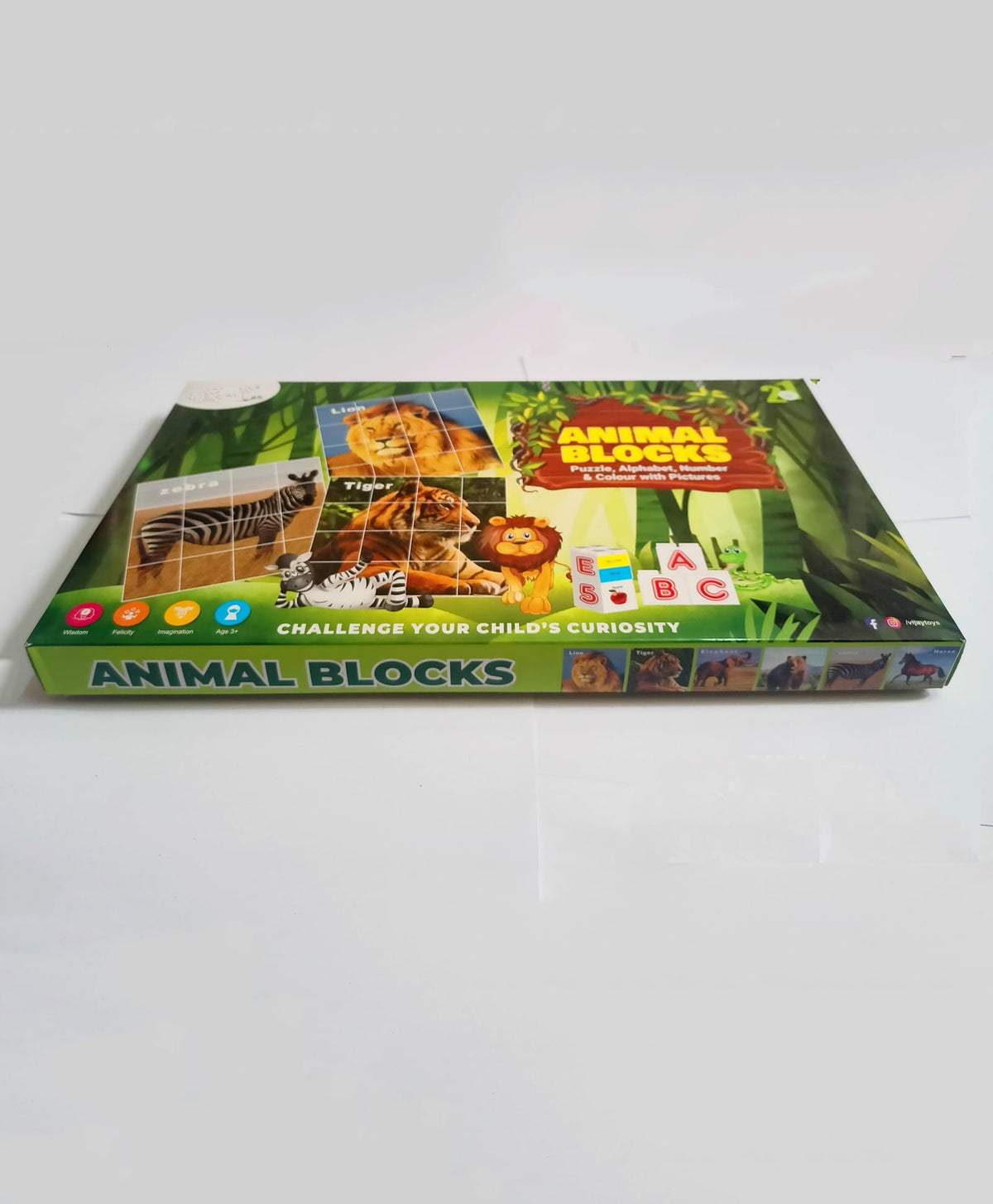 Fingo Brain Animals Blocks Puzzle Alphabets & Number with Pictures & Colors Green Themes  32pcs