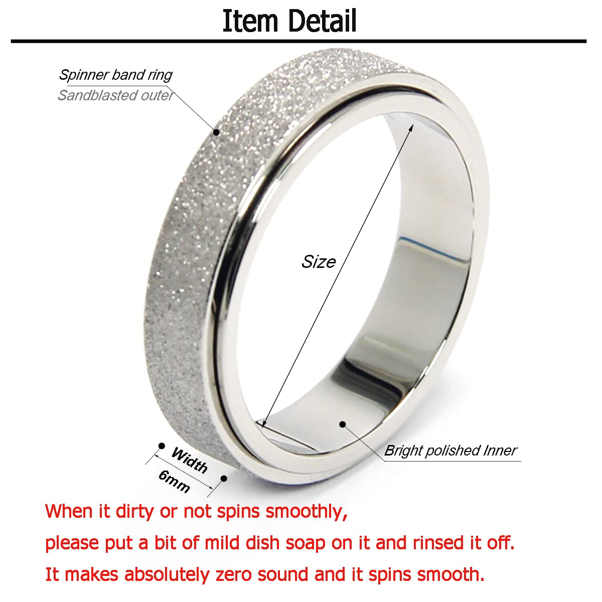 Anxiety Ring For Women Fidget Spinner Ring Fidget Toys Adults Titanium Stainless Steel Thumb Ring 6Mm Wide Sivler Size 7