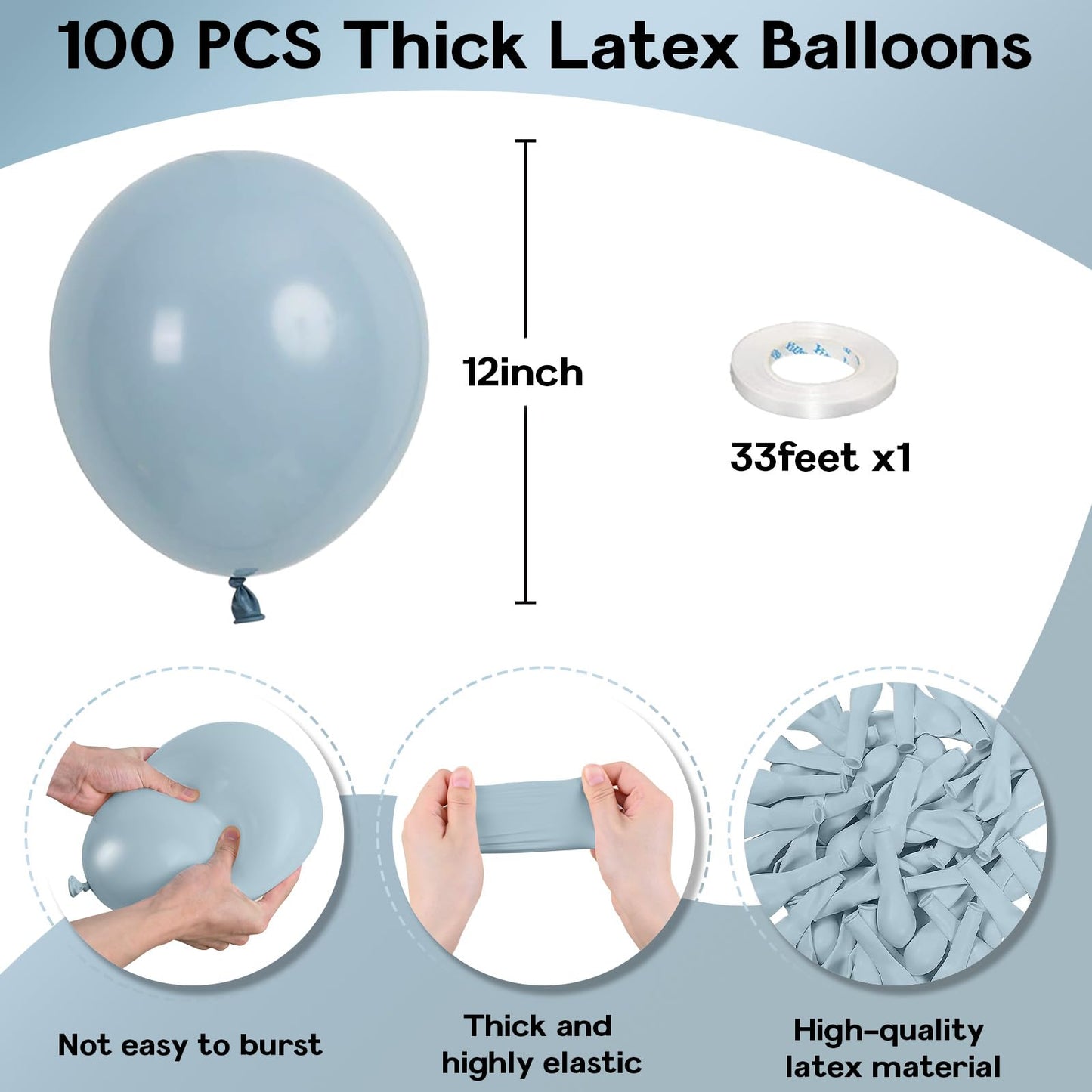 Jobkoo Blue Balloons 12 Inch, 100 Pack Pale Aqua Blue Balloon Muted Dusty Blue Latex Balloons Matte Retro Powder Light Blue Heli