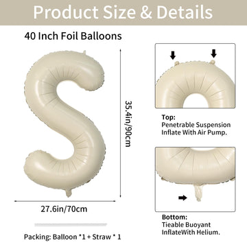Biapian 40 Inch Letter S Balloons, Giant Cream S Foil Balloon, Big Single Alphabet A-Z Balloons, Beige Large Aluminum S Balloons