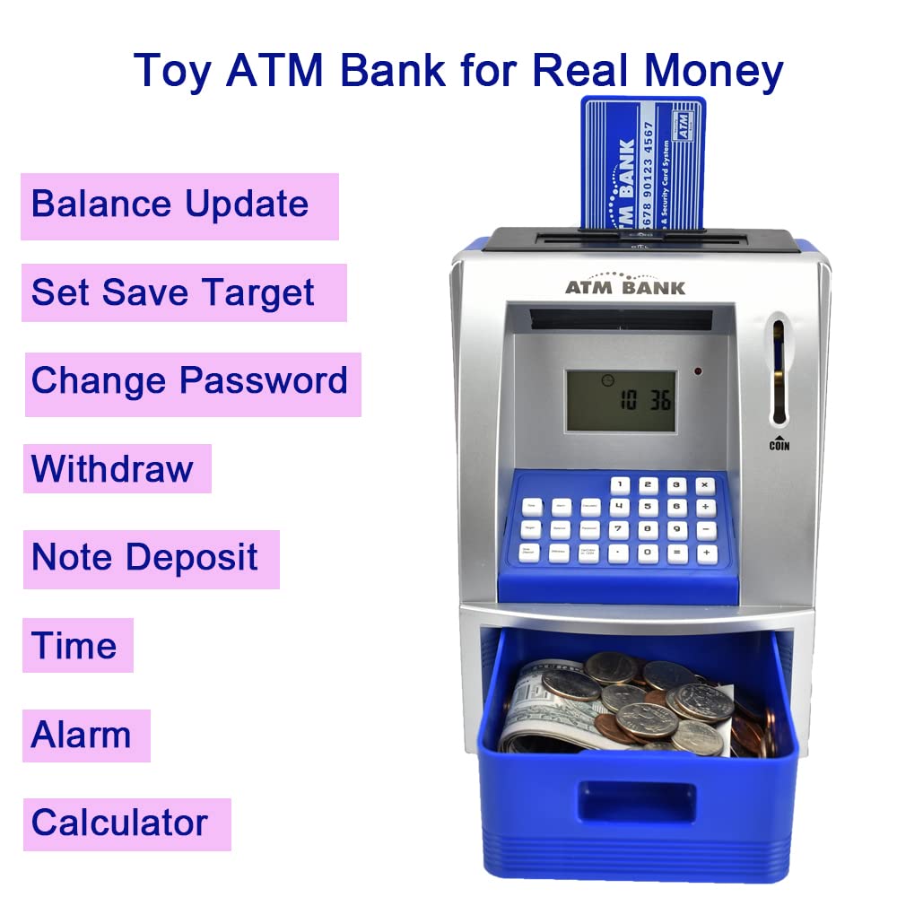 Toy Talking Atm Bank Atm Machine Savings Bank For Kids –Works Like A Real One- Deposit, Withdraw, Debit Card, Saving Target, Timer And Clock - Blue