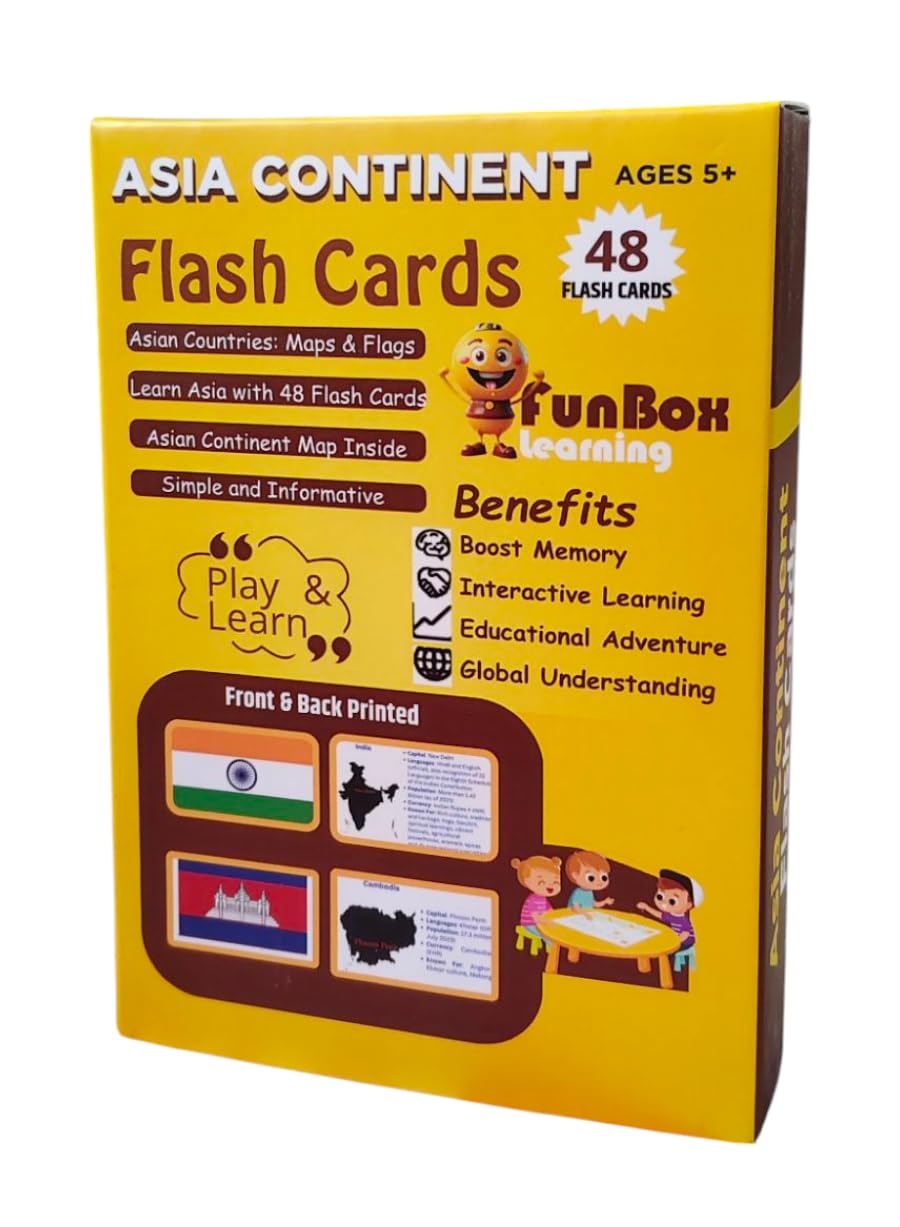Funbox Learning  Asian Countries Flags Flash Cards, 48 Cards, 300 Gsm Laminated Cards For Durability & Round Edges For Safety 
