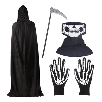 Billmoss Halloween Grim Reaper Costume - Hooded Cloak Velvet Black Cloak With Scythe Skull Mask Skeleton Gloves Grim Reaper Party Costumes For Kids