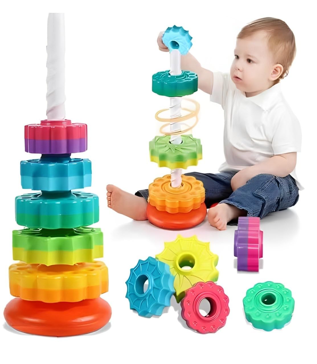 Tvasta Rainbow Gear Stacking Tower Toy For Toddlers | Colorful Stacking Rings For Baby 12+ Months | Educational Development Toy 