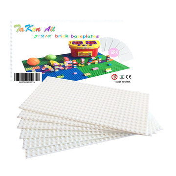 Building Bricks Block Base Plate - White 6 Pack Of 5”X10” Baseplates - Compatible Major Brands Building Block Toys