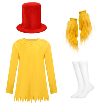 Jchrmers 4Pcs Funny Storybook Character Costume Yellow Clothing Red Top Hat Yellow Gloves For Reading Across America Day (S)