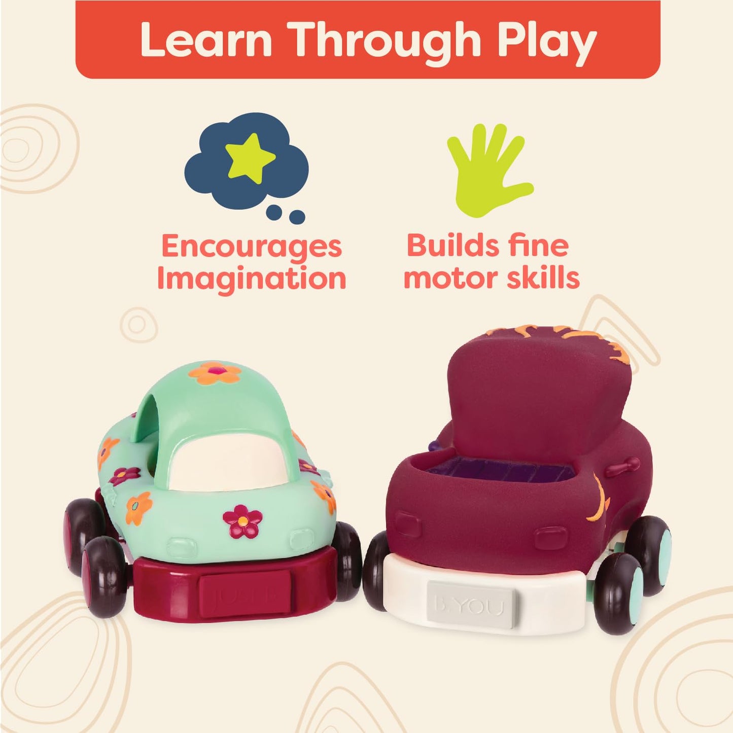 B. toys - Wheeee - ls Soft Pull - Back Cars - Set of 4 Baby & Toddler Vehicles - Fun & Colorful Animal Designs - Early Developme