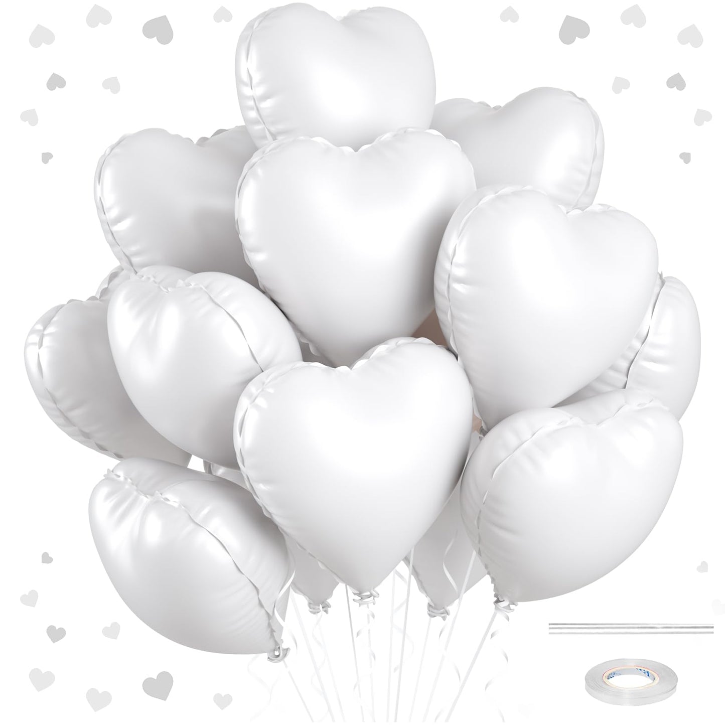 12 Pcs Heart Balloons, 18 inch White Heart Shaped Balloons, Big Heart Mylar Helium Balloons, Heart Love Foil Balloons for Weddin