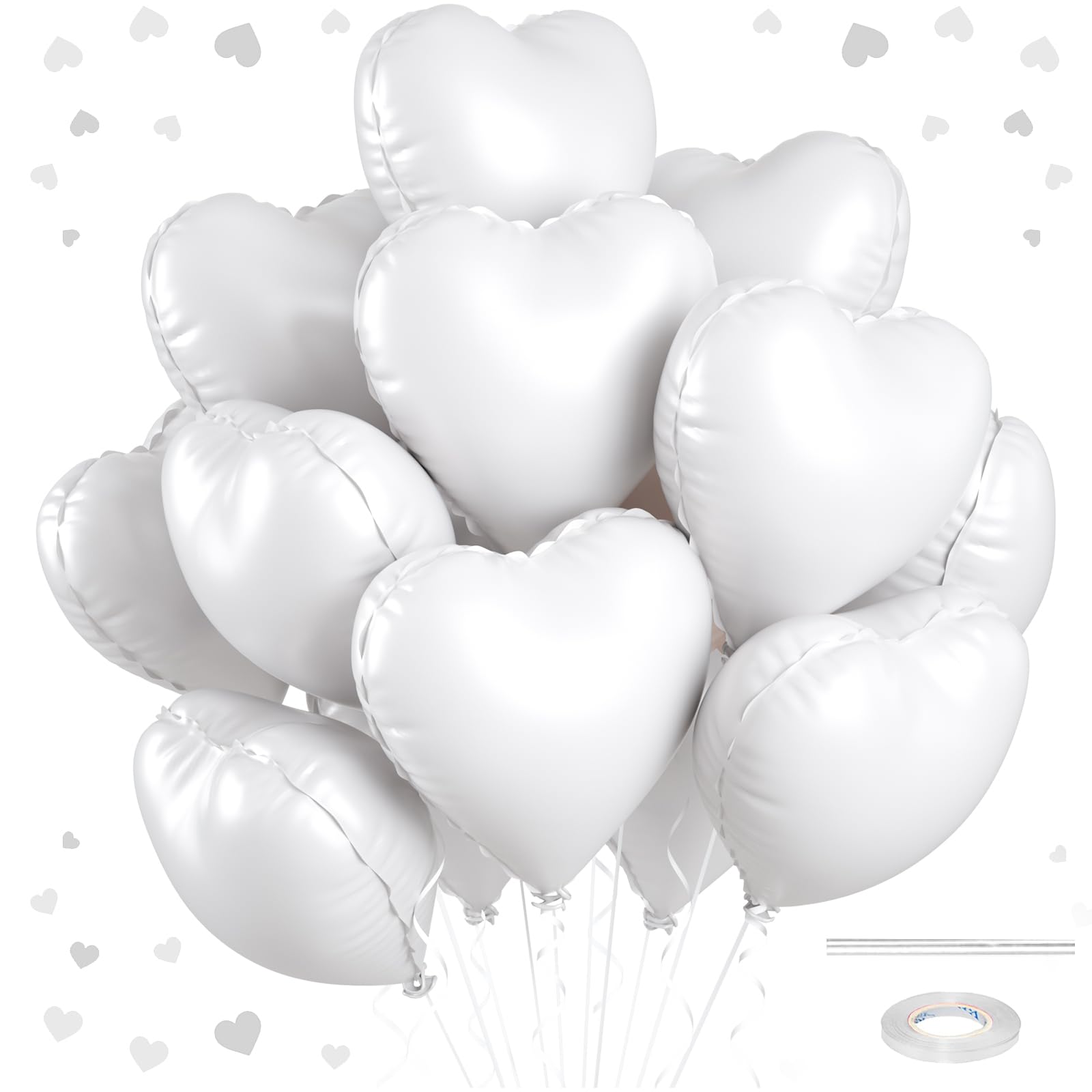 12 Pcs Heart Balloons, 18 inch White Heart Shaped Balloons, Big Heart Mylar Helium Balloons, Heart Love Foil Balloons for Weddin