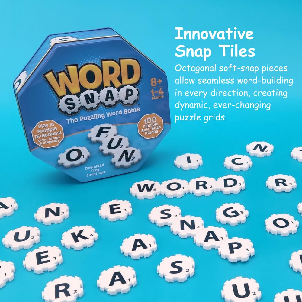 WordSnap Word Strategy Game - Fun Puzzle for 1-4 Players, Travel Size, 100 Pieces (Tin), Blue, Ages 8+