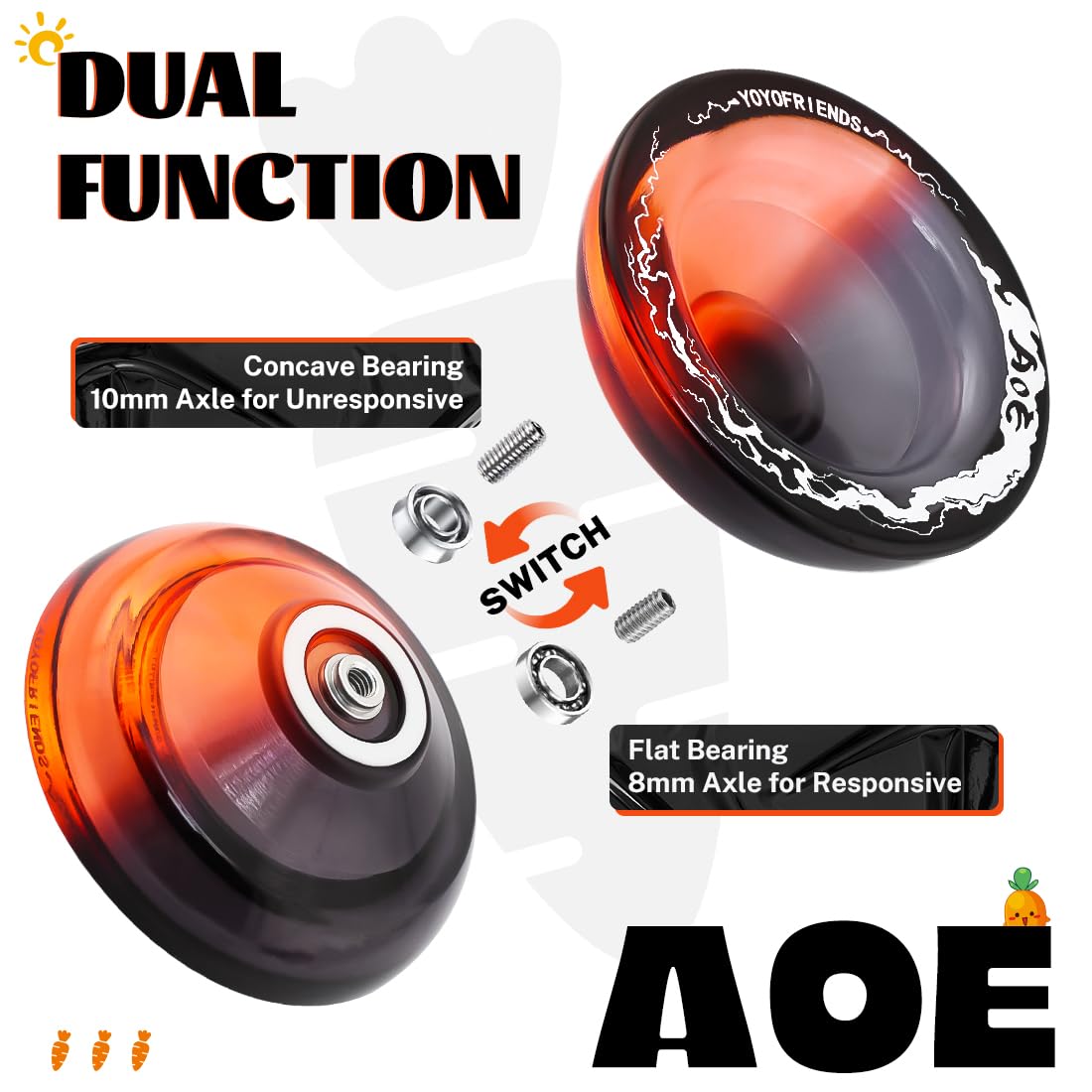 7YO Responsive Yoyo for Kids Beginners  Dual Purpose Yoyo AOE Unresponsive Yoyo for Finger Spin Tricks Intermediate Play + 10 Yoyo Strings + Bearing Tool + Yoyo Case (Black Orange)
