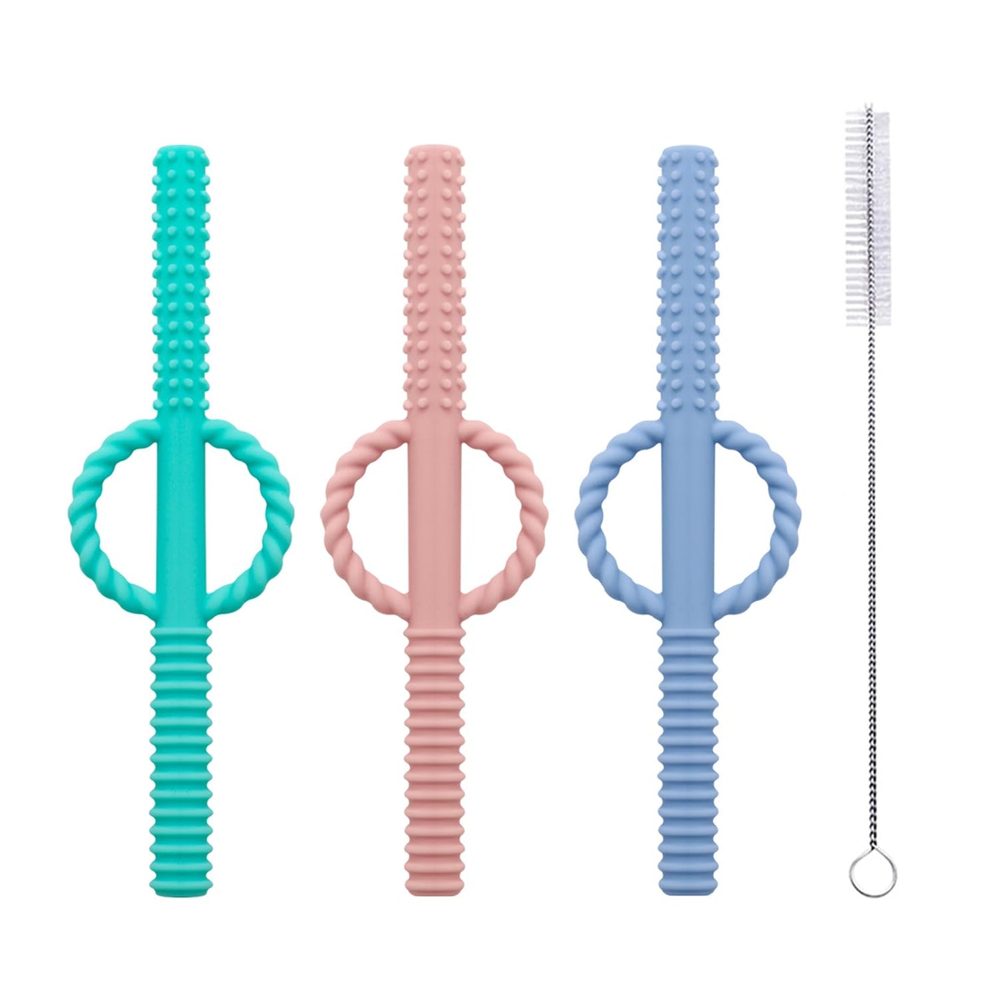 3 Pieces Teething Tubes Hollow Teether Toys With Safety Shield For Sensory Exploration And Teething Relief - Safe Chewing Tubes For Babies, Infants & Toddlers - Designed 3 Pcs-Blue&Khaki&Green
