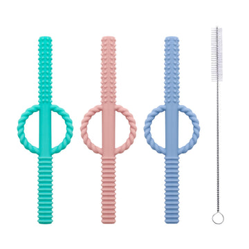 3 Pieces Teething Tubes Hollow Teether Toys With Safety Shield For Sensory Exploration And Teething Relief - Safe Chewing Tubes For Babies, Infants & Toddlers - Designed 3 Pcs-Blue&Khaki&Green