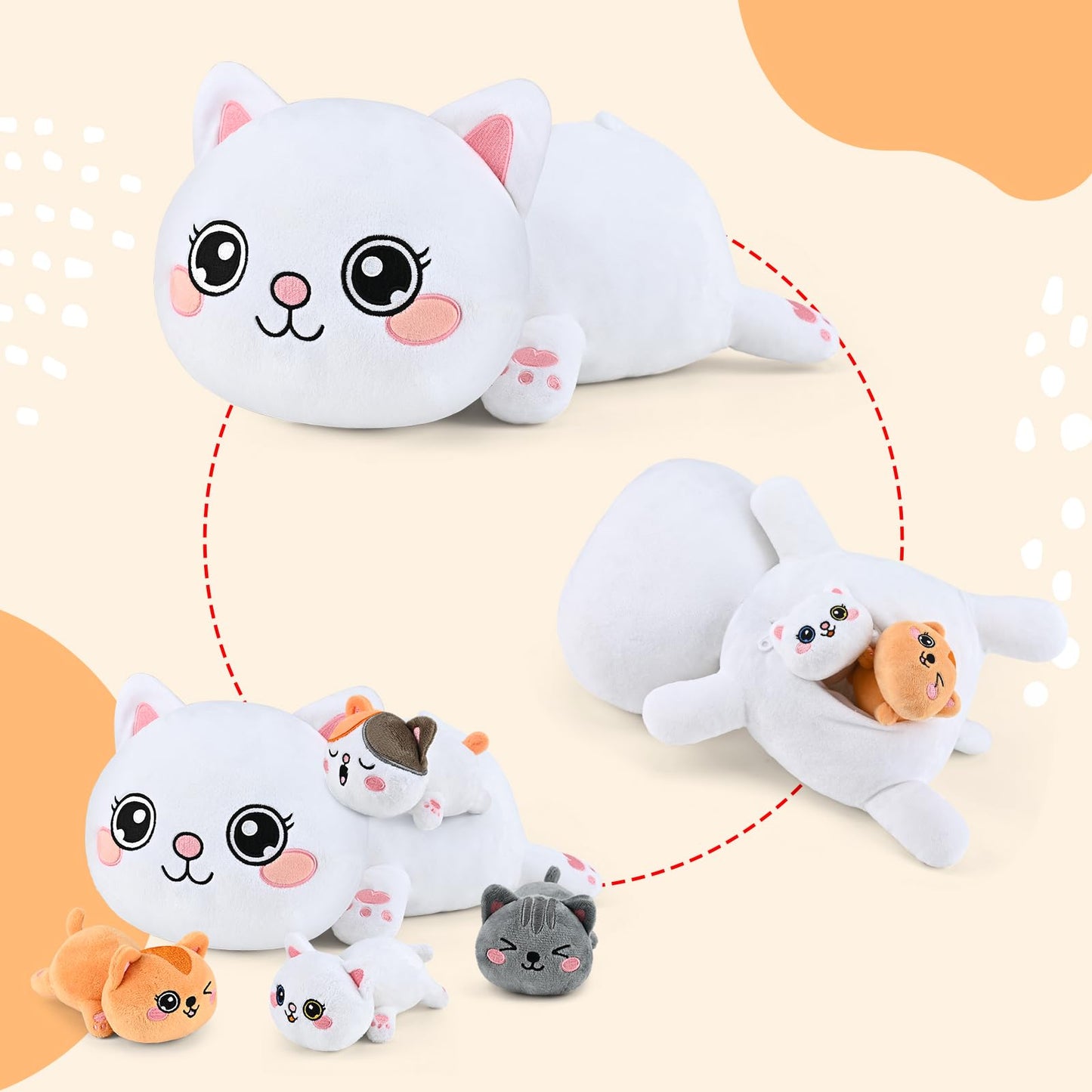 KMUYSL Cat Plush Toy - Mommy Cat with 4 Baby Kittens - Orange - Ideal Gift for Kids Ages 3-8+ - Model Cat-Plush-0505